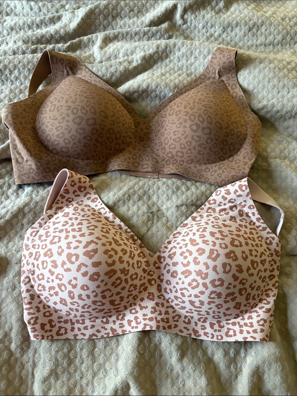 Leopard Print Bra - Nude/Beige and Pink. Two jelly bras from the TikTok shop
